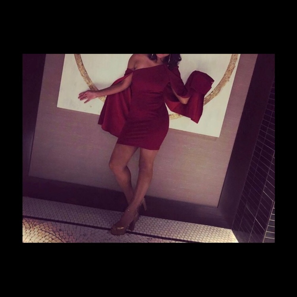 Burgundy cocktail dress with fun sleeves